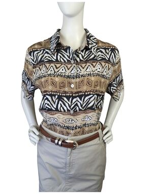 Alfred Dunner Safari Zebra Geometric Button Up Blouse | Black And Tan | Size 12